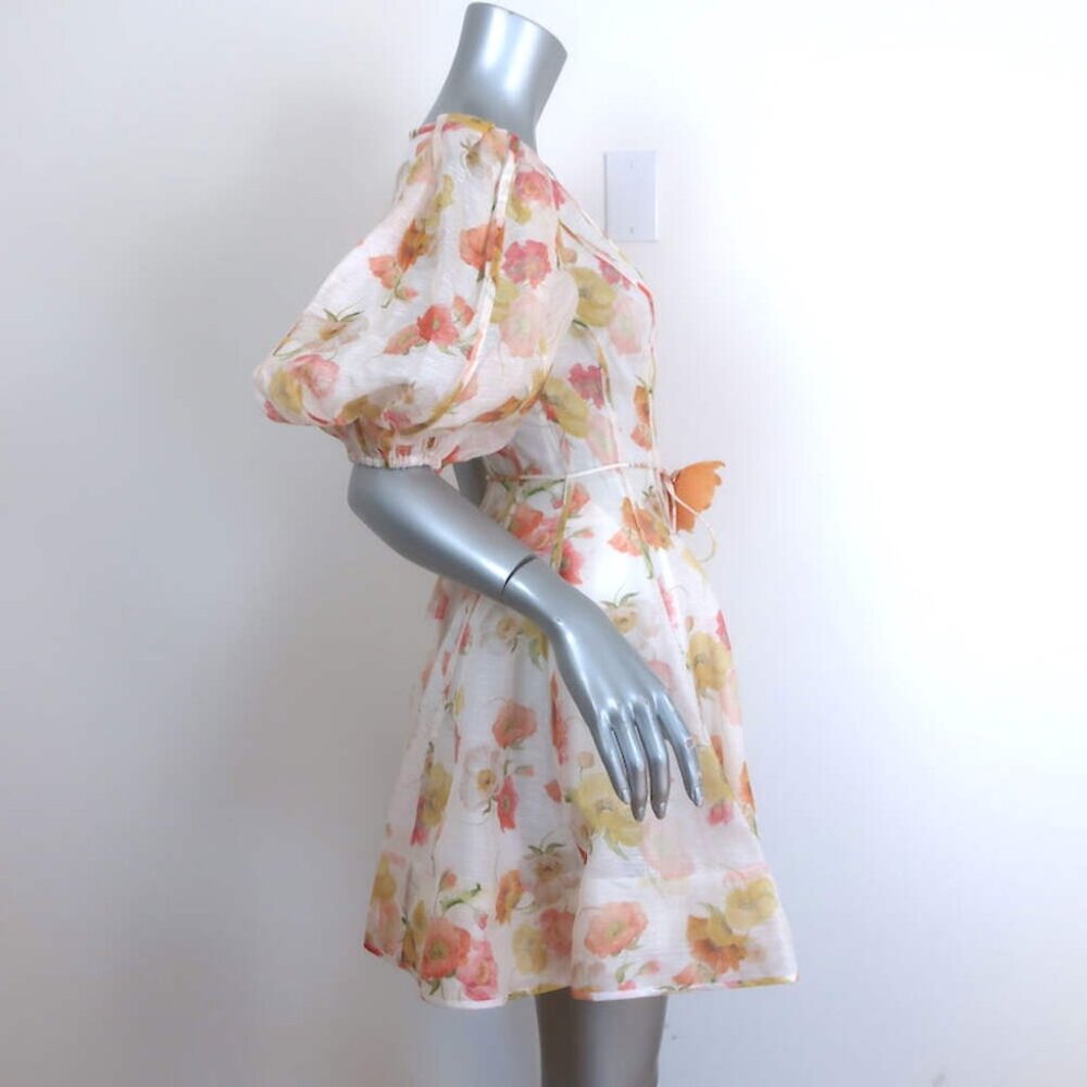 Zimmermann Tranquility Flip Puff Sleeve Mini Dress Cream Floral Print Size 0 - Picture 3 of 6